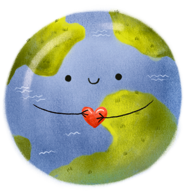 Planet Earth  with eyes keep a heart in hands. Cute childish isolated illustration